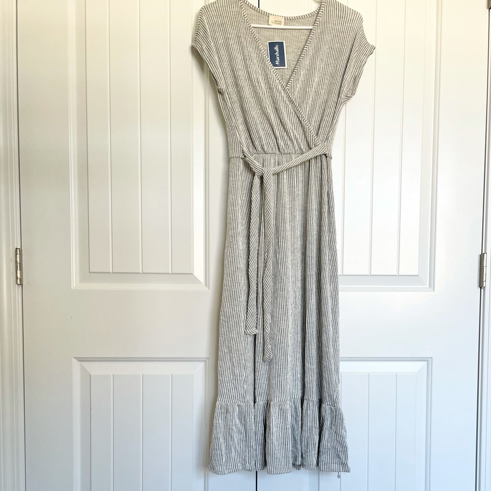 Grey/white striped ruffle hem maxi dress